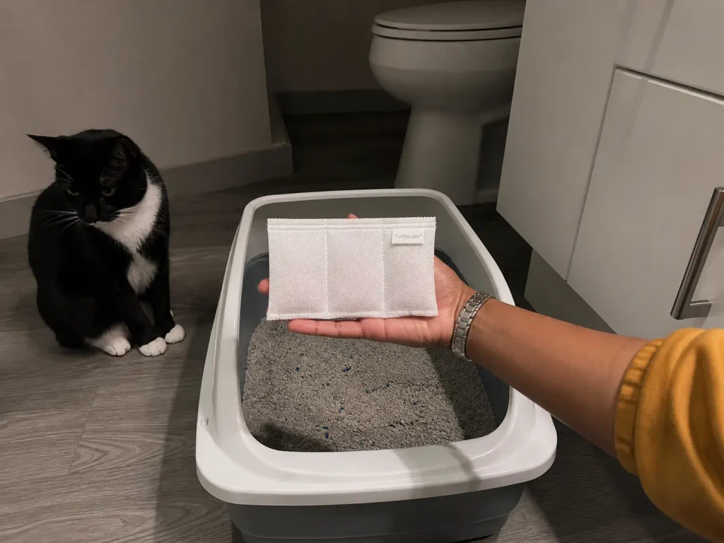 Activated charcoal pouch held in a hand beside an uncovered litter box on an apartment bathroom floor
