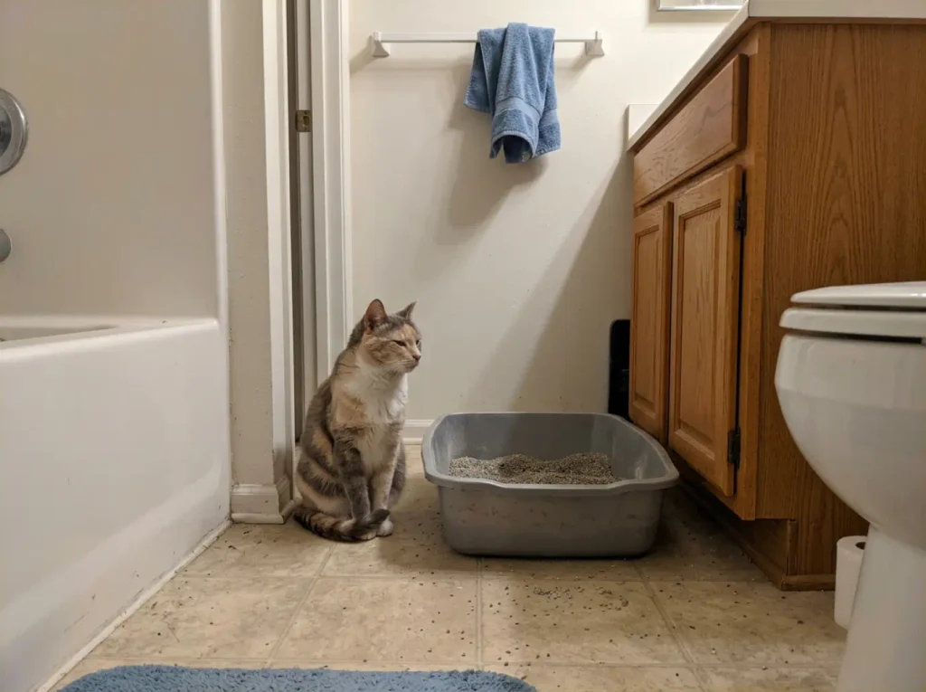 Cat sitting on bathroom vinyl floor beside an uncovered litter box in a low-traffic room