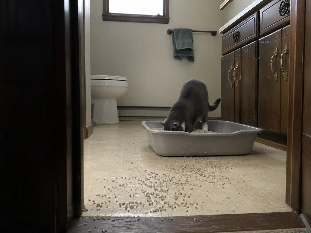 Cat digging in an open litter box with granules kicked over the rim onto the bathroom floor