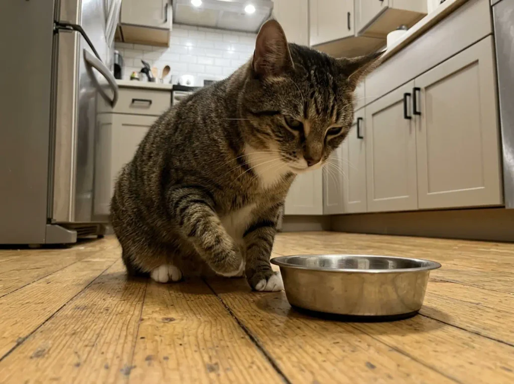 Cat pawing at the floor beside an almost empty food bowl, seen from floor level