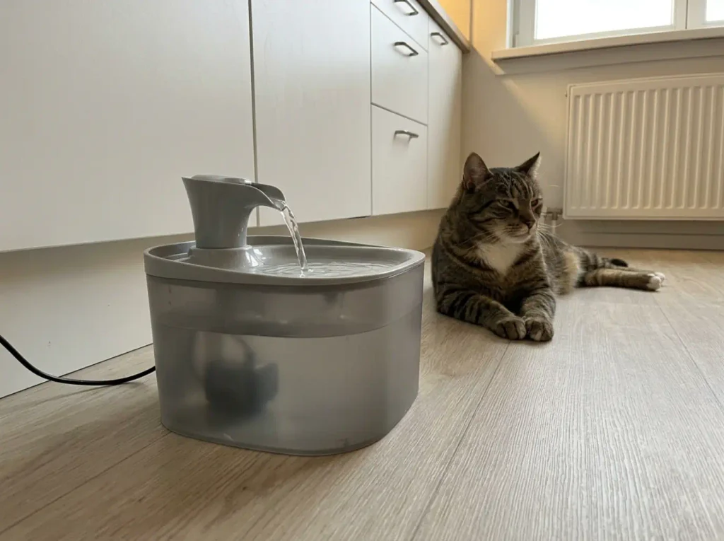Cat water fountain running on a studio kitchen floor with the pump visible under the water