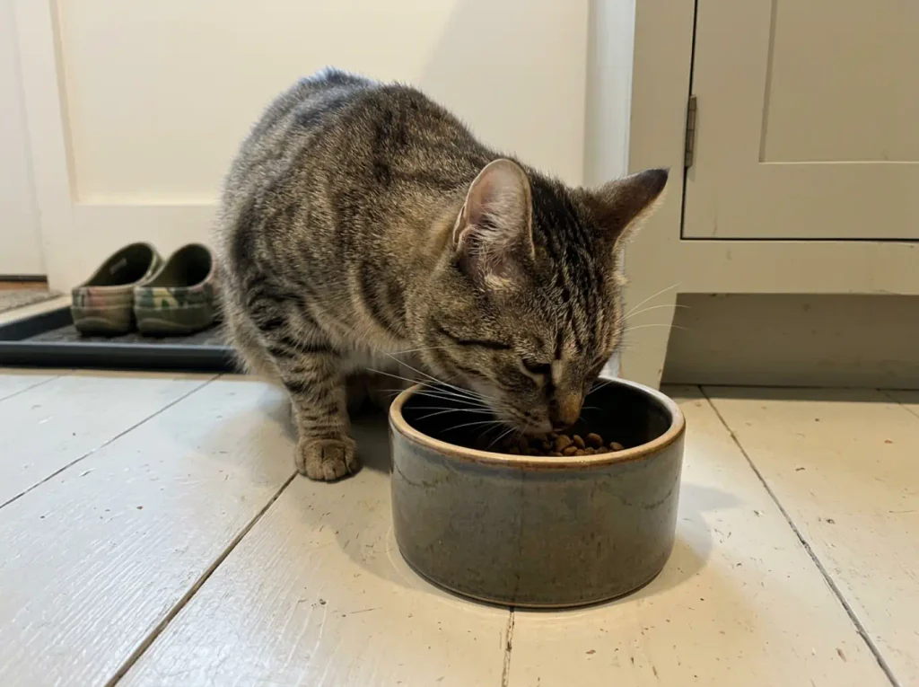 Close view of a tabby cat's whiskers spread wide as he leans over a narrow deep food bowl