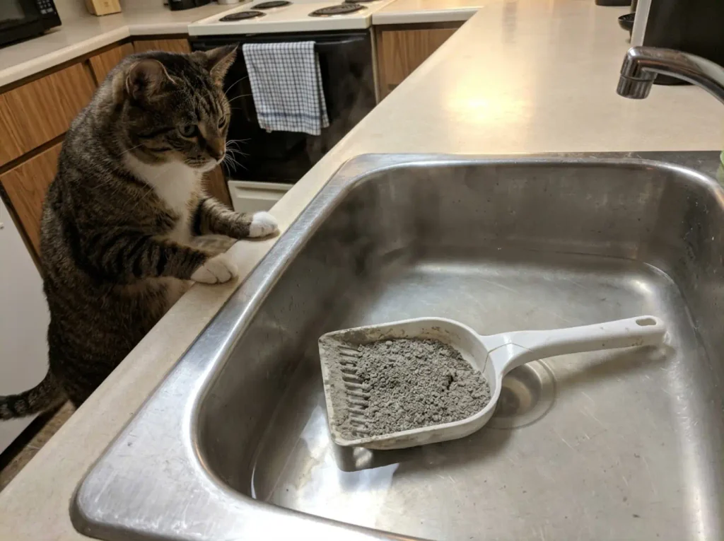 Thin plastic litter scoop soaking in a sink, dried litter packed in its slots