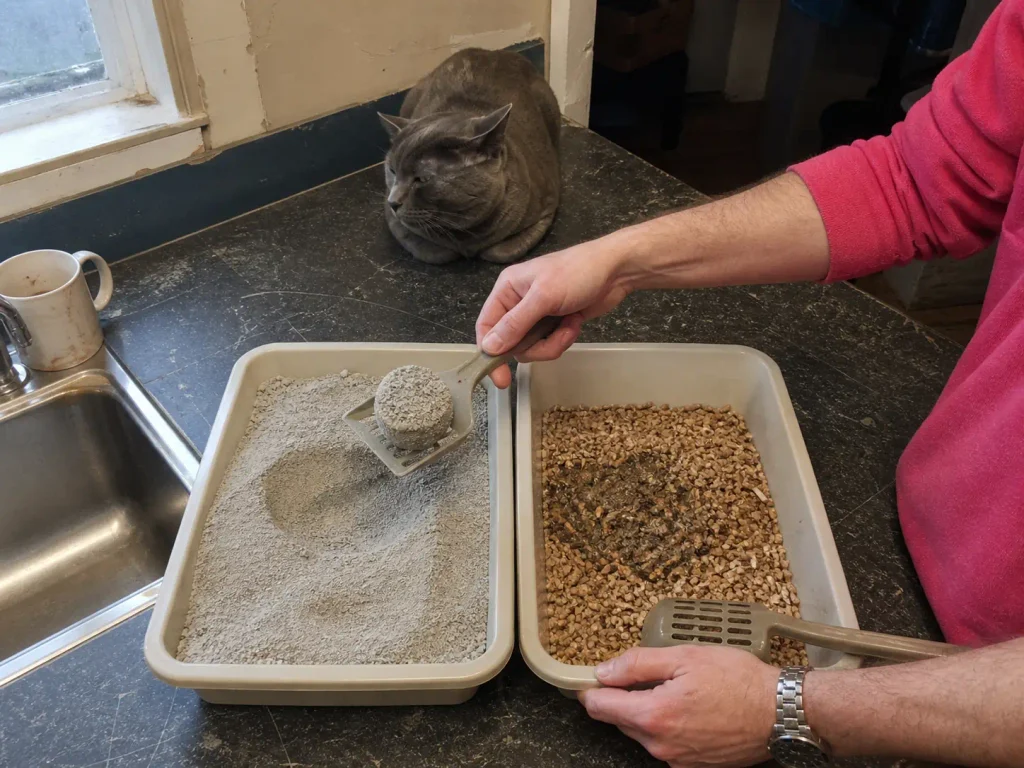 A scoop lifting a solid clump out of a shallow tray beside a tray of damp pellets on a kitchen counter