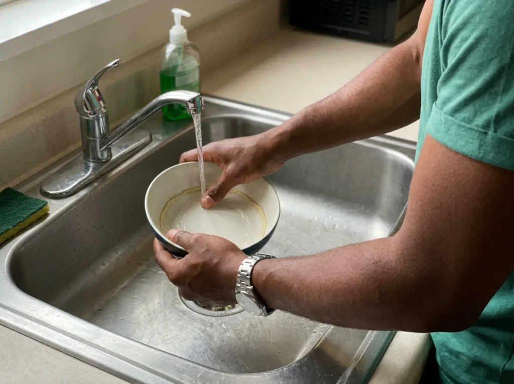 Dried ring of wet cat food inside a bowl held under a running tap