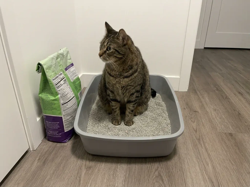 Litter box with a half-used bag of litter beside it, showing the difference between topping up and a full change