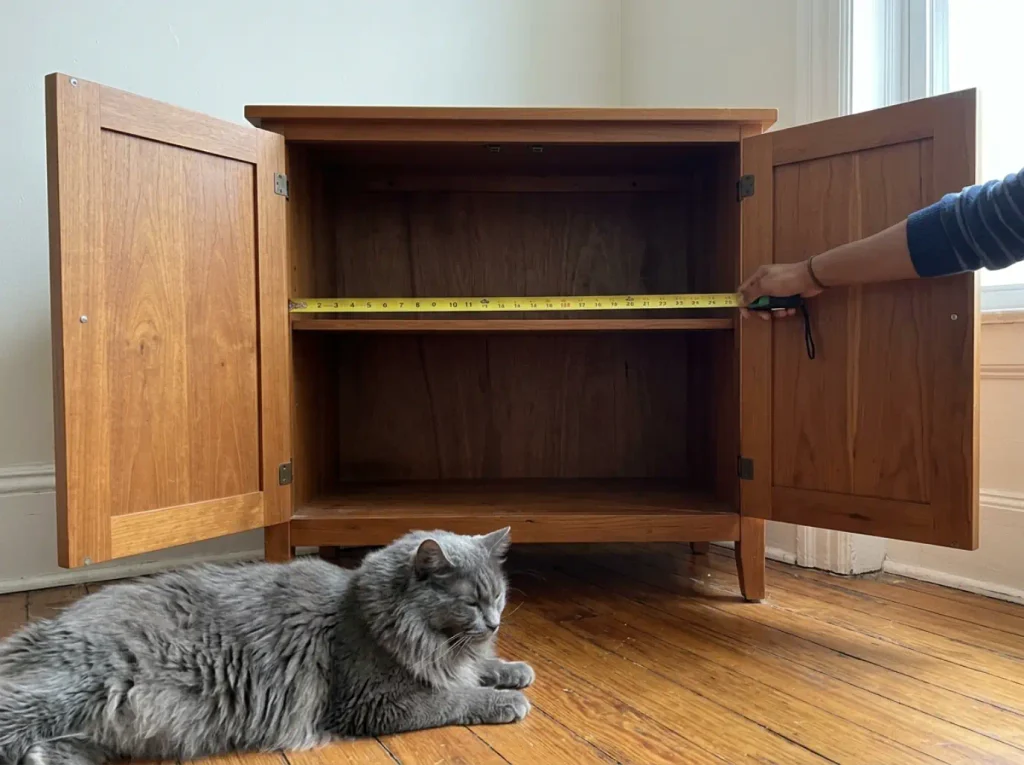 Tape measure held inside an open cabinet, measuring interior width for a litter box, cat watching from a chair