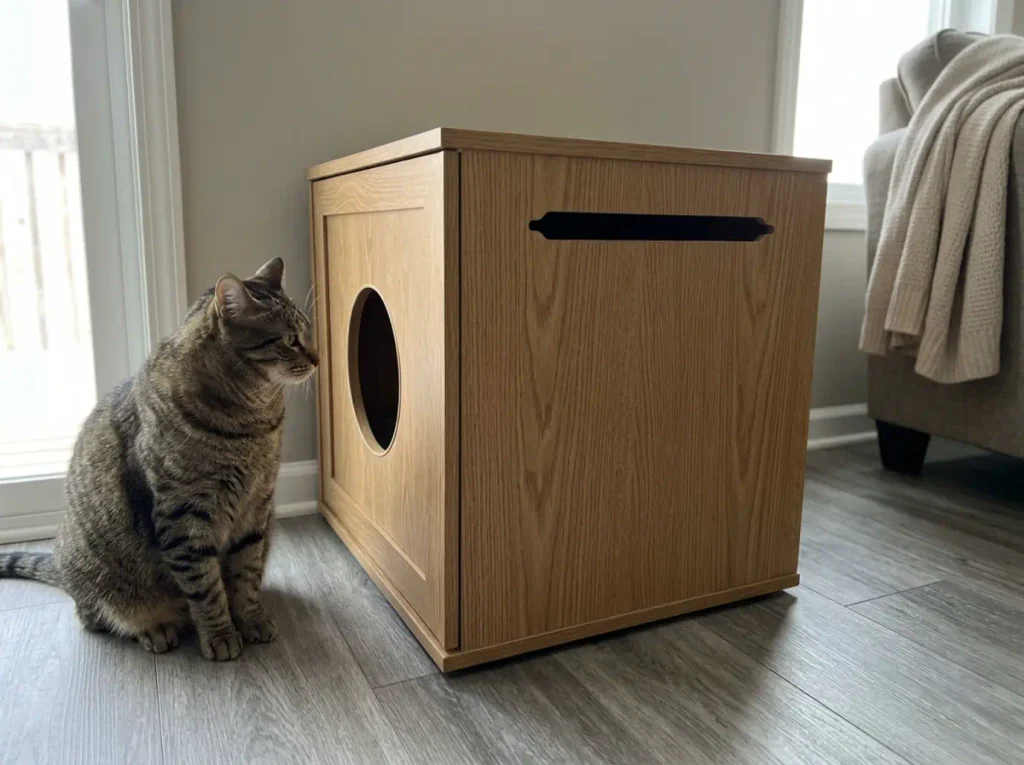 Close view of a litter box cabinet's small side vent slot with a cat sitting beside it