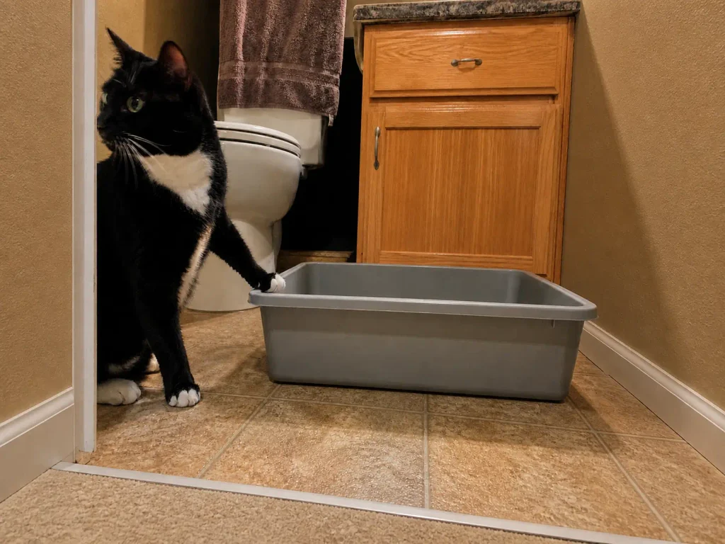 Tape measure laid across the open front of a litter box on bathroom tile