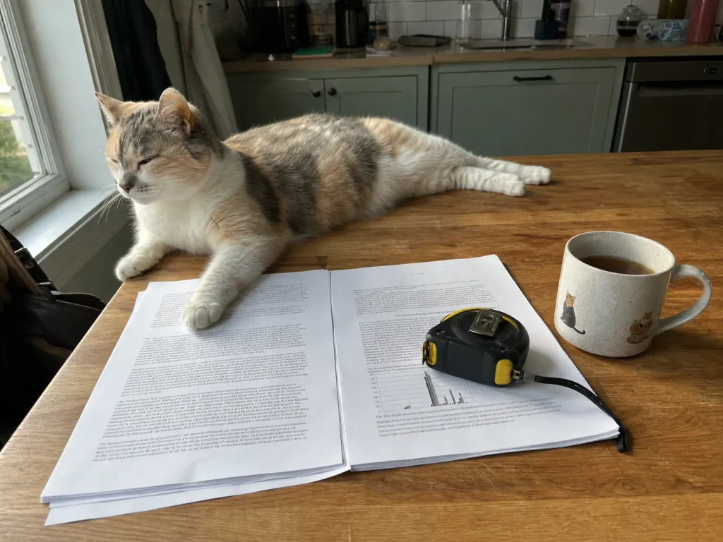 A printed research paper on a kitchen table beside a mug and a tape measure