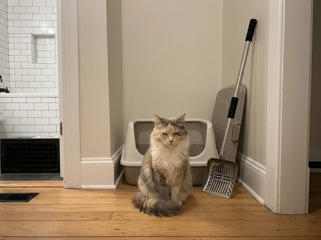 A long-handled stainless litter scoop resting against an open litter box with a calico cat watching