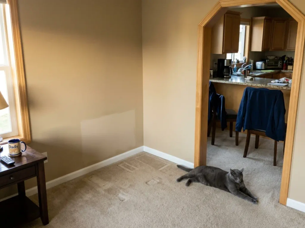 Empty corner of a living room where a litter box used to sit, with a gray cat lying nearby