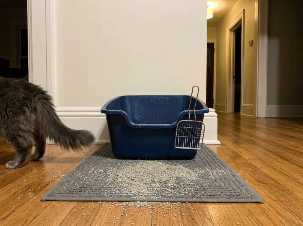 A plain manual litter box and a scoop on the floor of a renovated living room, cat walking past