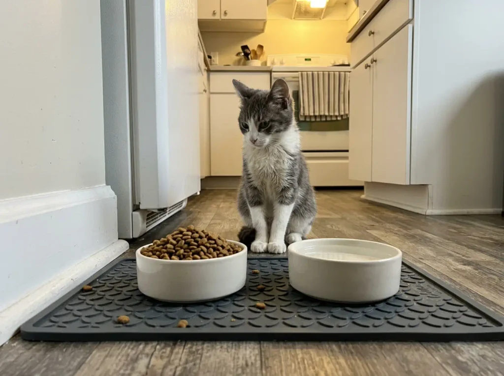 A matching pair of cat food and water bowls on a kitchen floor, one full of kibble