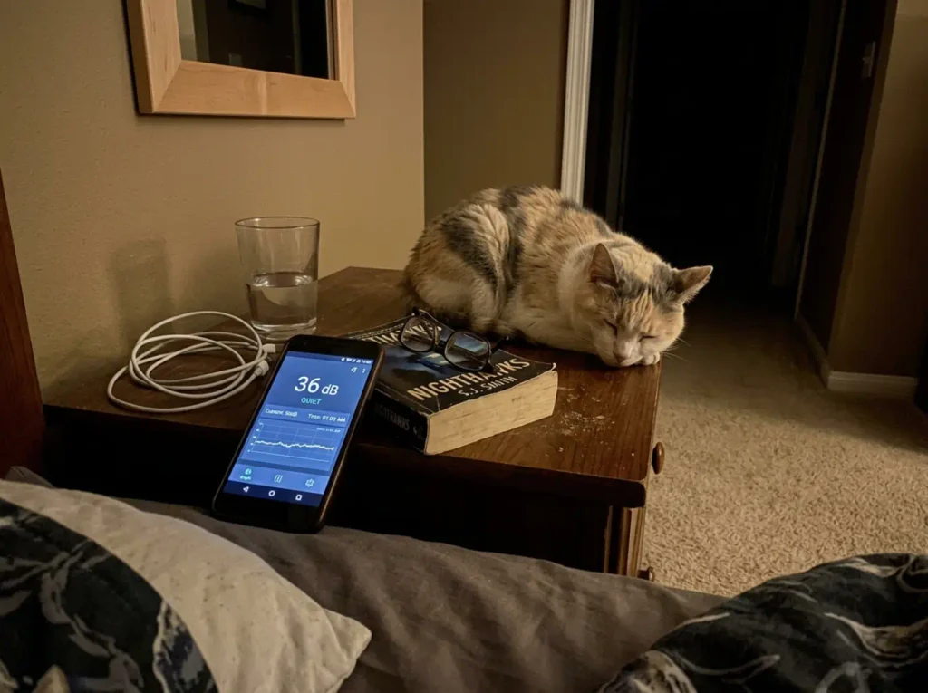 Phone on a bedside table at night with a cat asleep across the foot of the bed