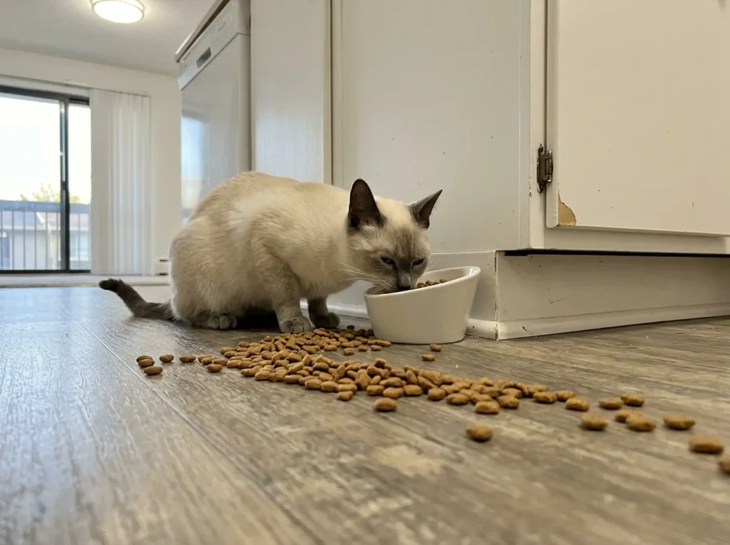 Close low view of a narrow deep cat bowl with kibble scattered in an arc across vinyl flooring