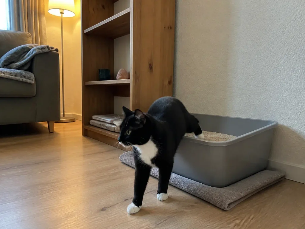 A second litter box placed in a living room corner away from the bathroom