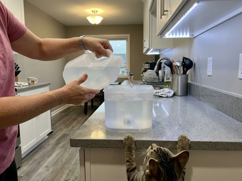 Water being poured from a jug into a cat fountain reservoir up to the fill line