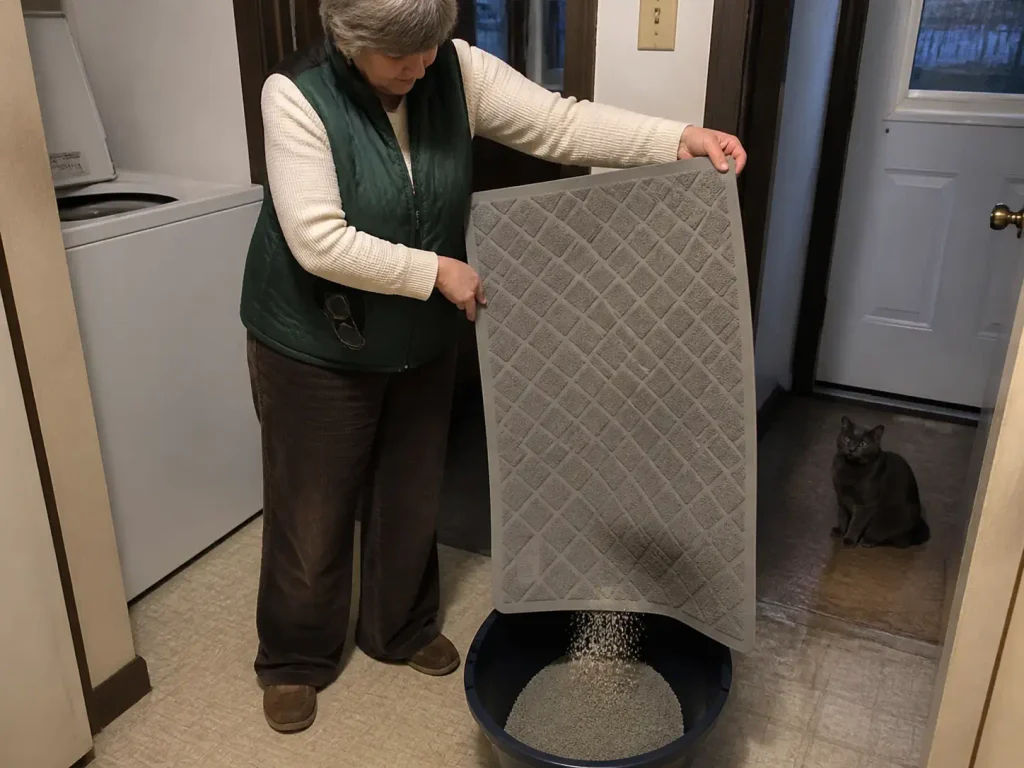 Coiled mesh litter mat lifted and shaken out over the litter box to empty trapped granules