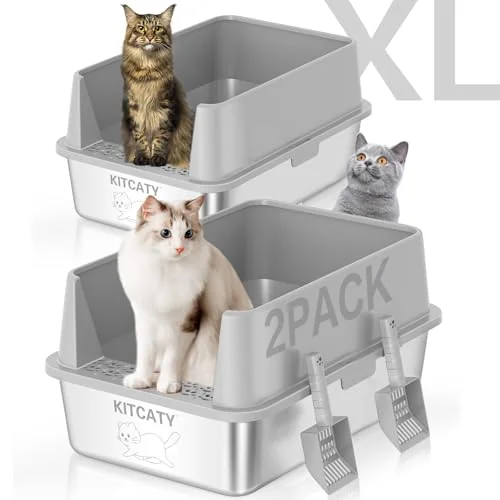 2-Pack Stainless Steel Litter Box with Lid High Sides XL