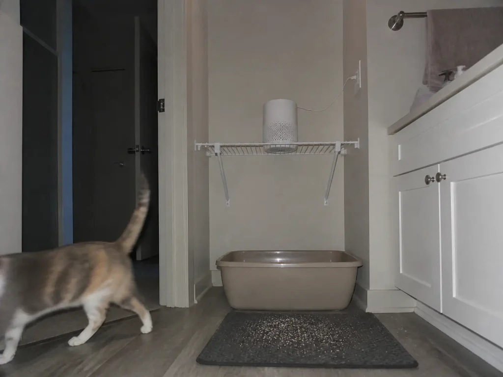 Small air purifier on a shelf above a litter box with clear space around its intake in a rental bathroom