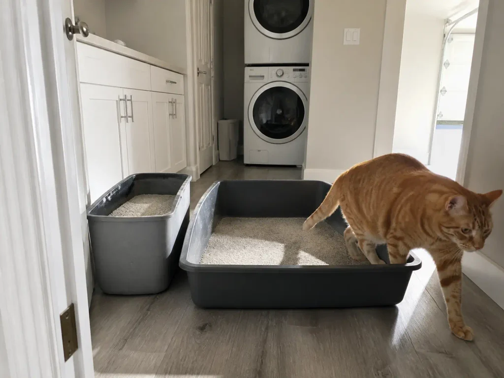 A small litter box beside a much larger one, same litter, different depth