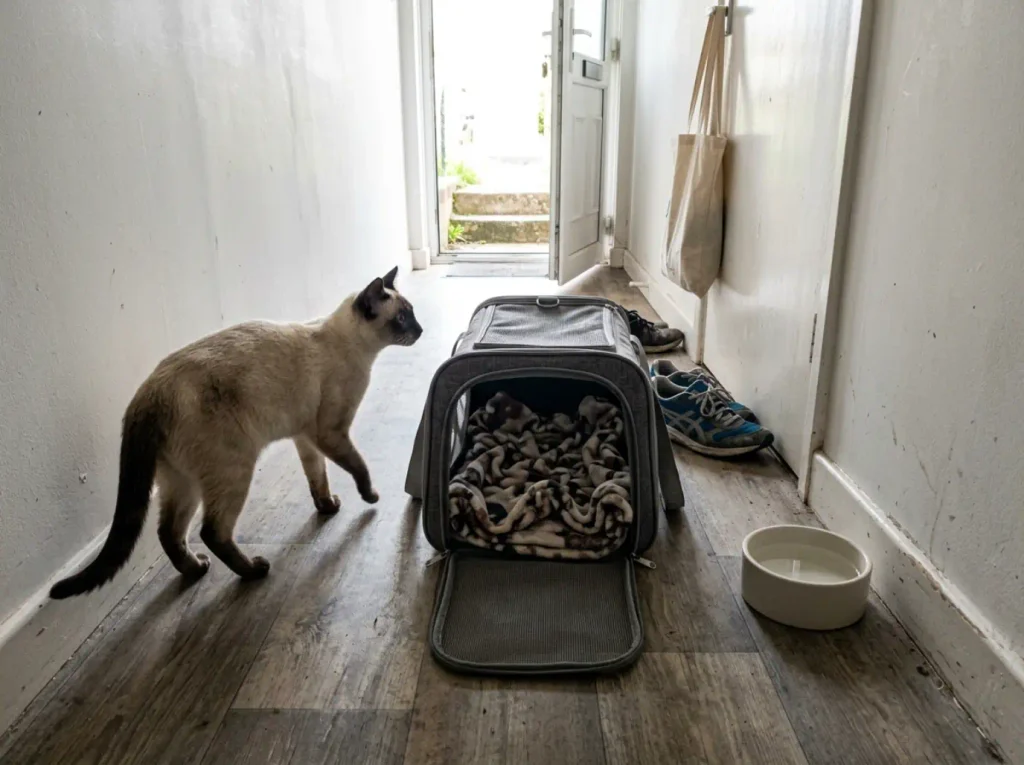 Open cat carrier on a hallway floor beside a plain water bowl in a small rental apartment