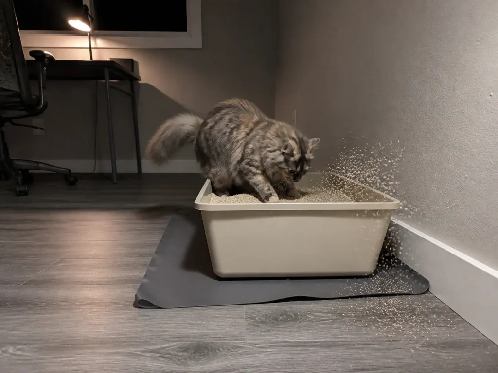 A cat digging hard in an open litter box, throwing litter up over the low side wall