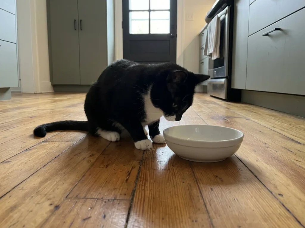 Cat scratching at the floor around a food bowl on bare boards, an instinct with nothing to bury