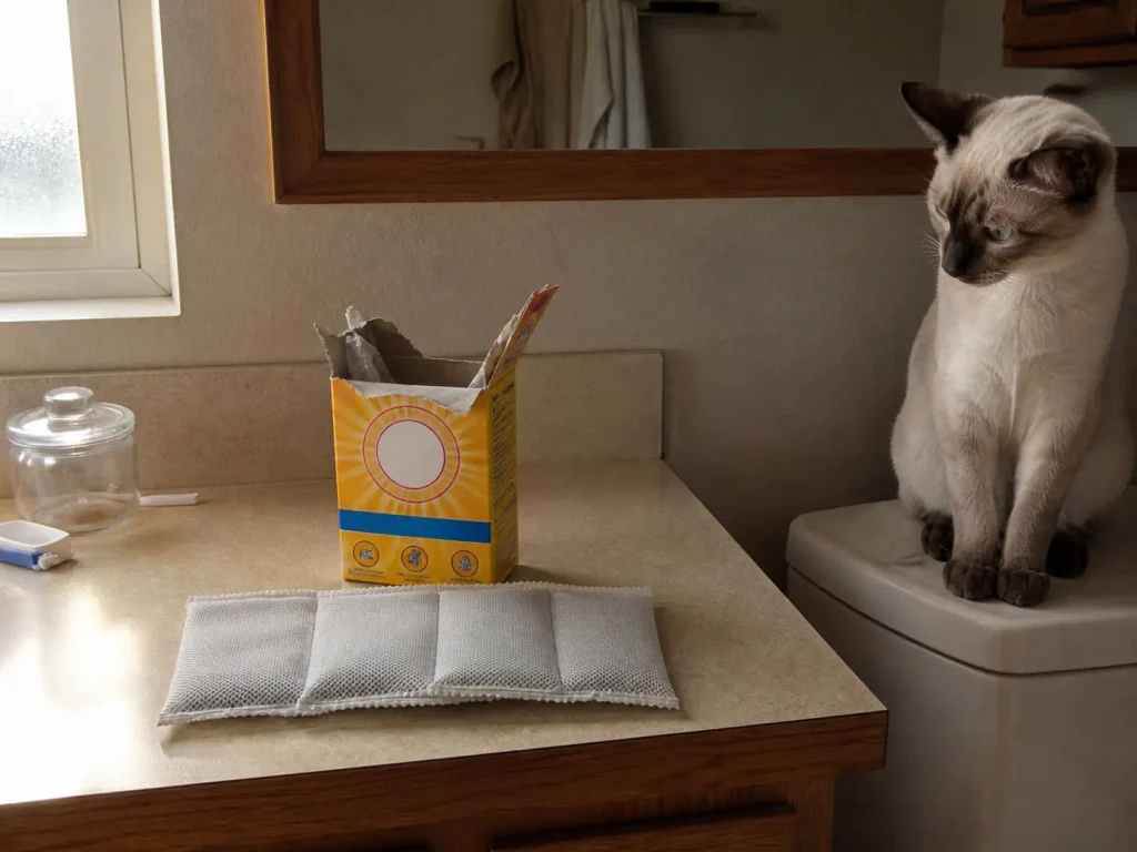 Activated charcoal odor pouch on a bathroom counter next to an old box of baking soda