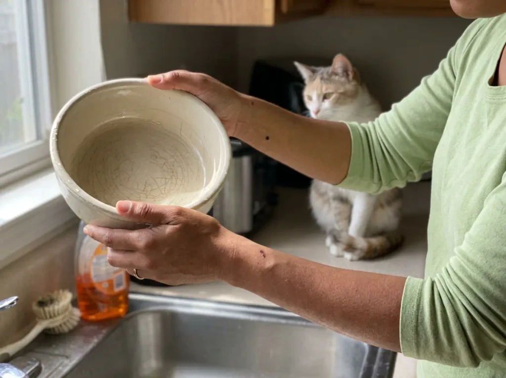 Hands holding a ceramic cat bowl up to window light to check the glaze for crazing