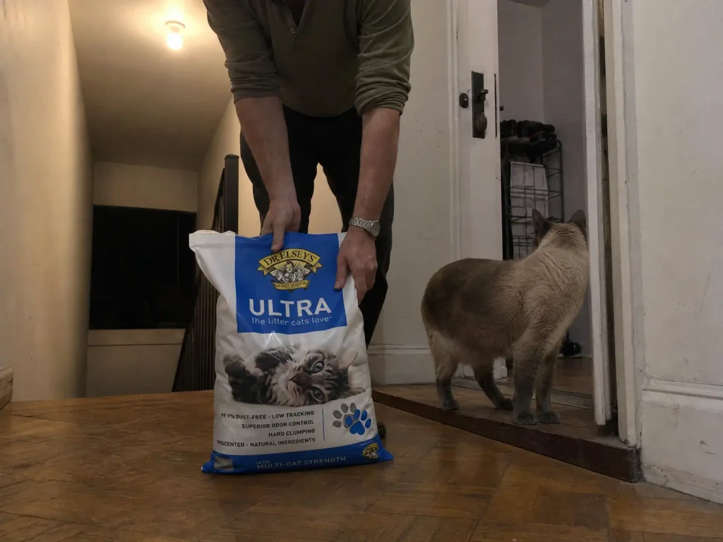 A heavy 40 lb bag of clumping clay cat litter set down on an apartment landing by the door