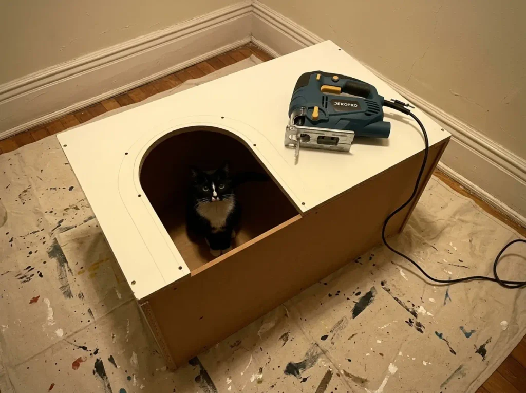Corded jigsaw resting on a cabinet panel next to a pencil-traced entry opening, drill and pilot holes ready