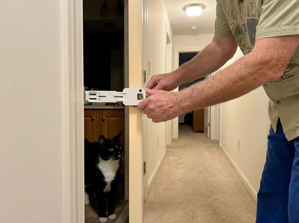 Adjustable strap holding a bathroom door open a few inches so a cat can reach the litter box