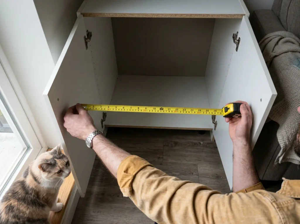 Hands holding a tape measure across the inside of an open litter box enclosure while a tabby watches