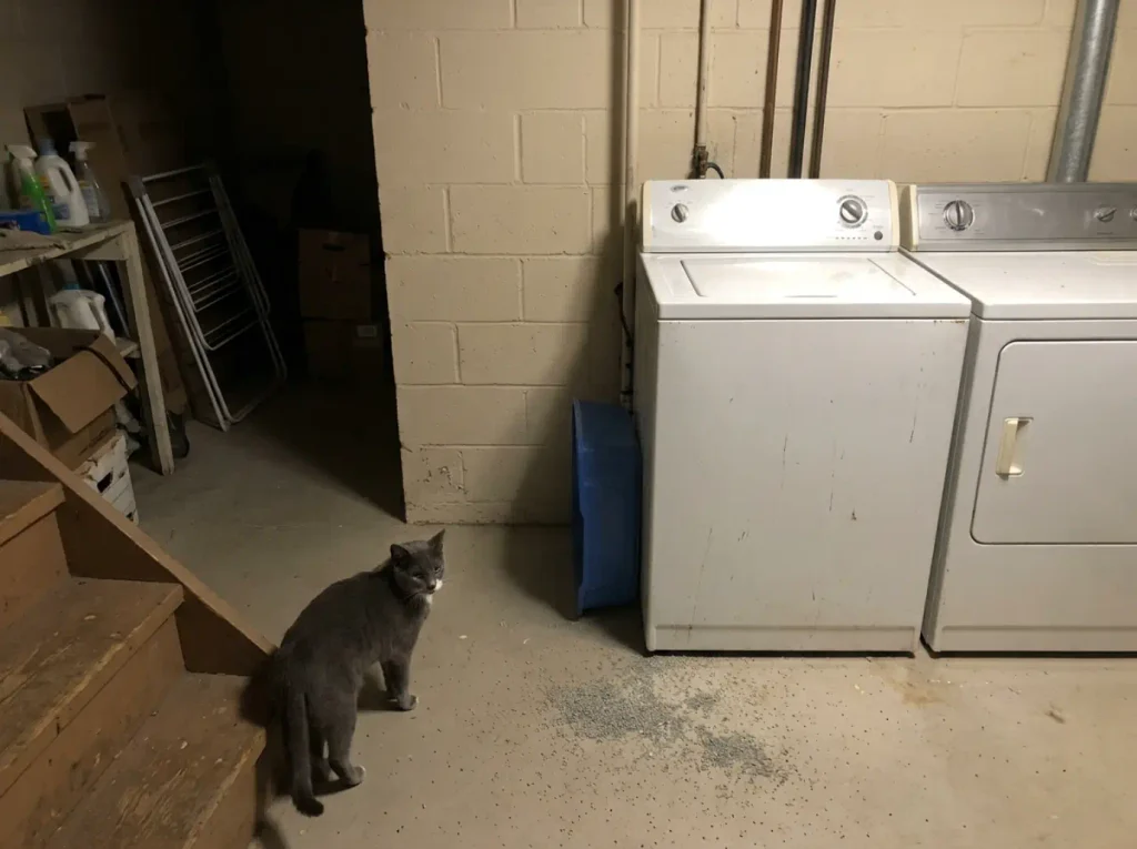 Empty litter box in the gap beside a basement washer and dryer, the spot a cat stopped using