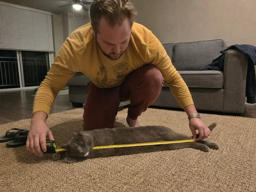 Person measuring a cat lying on a rug with a tape measure to size a litter box