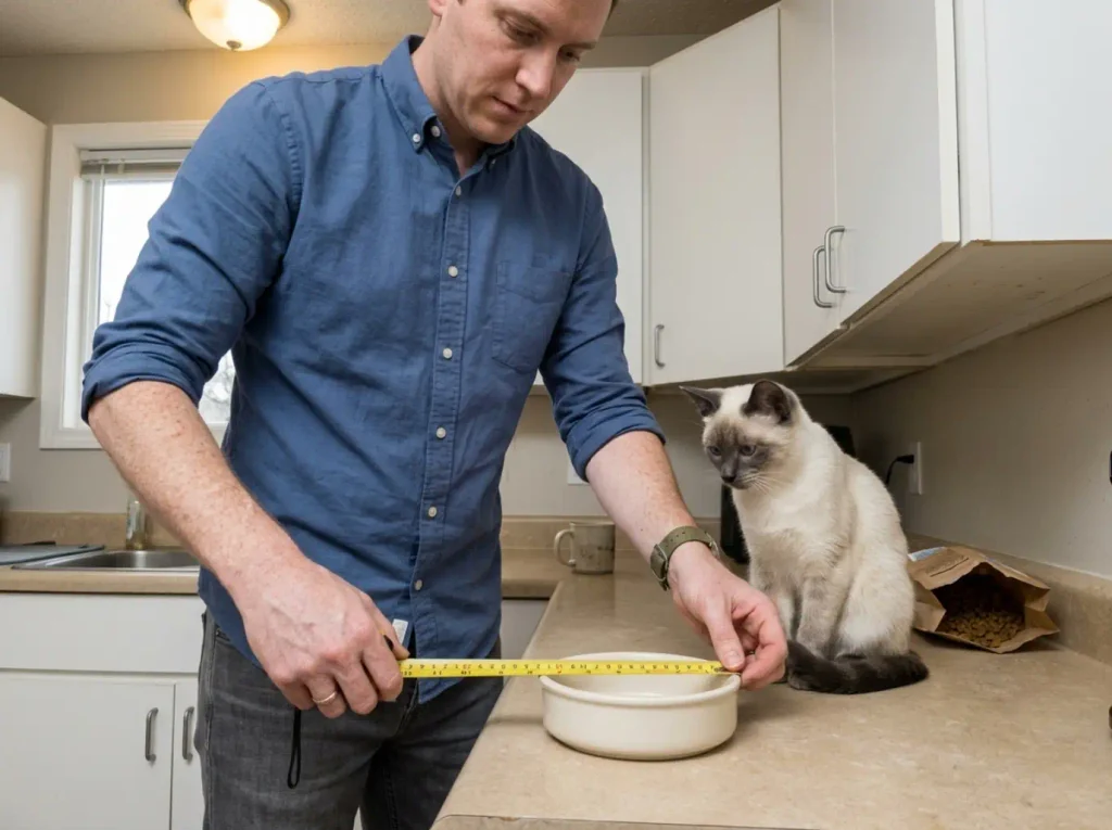 Hands holding a tape measure across a shallow cat bowl on a kitchen counter