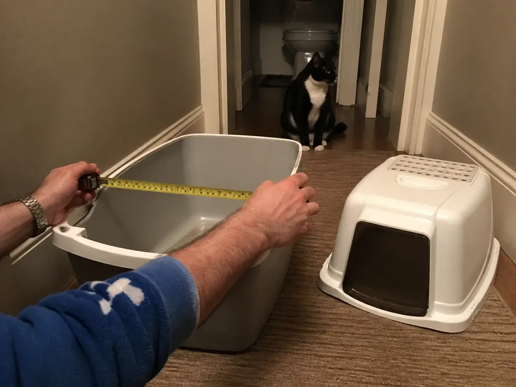 A tape measure stretched across the inside of a large covered litter box on a hallway floor