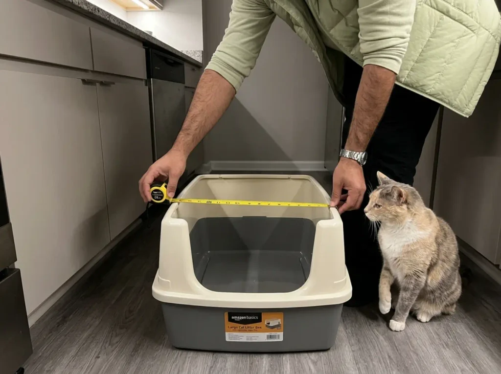 Hands holding a tape measure across the inside floor of a large open litter box
