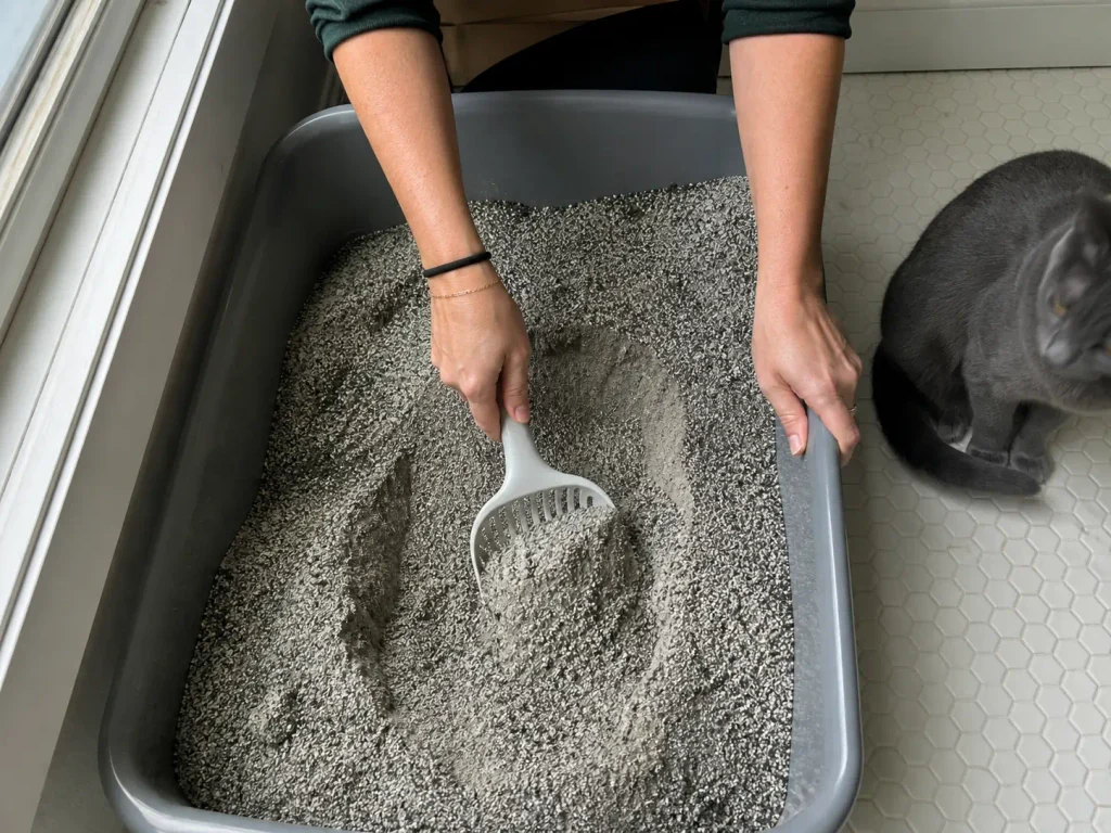 Overhead view of a litter box with a scoop turning the litter over through its full depth