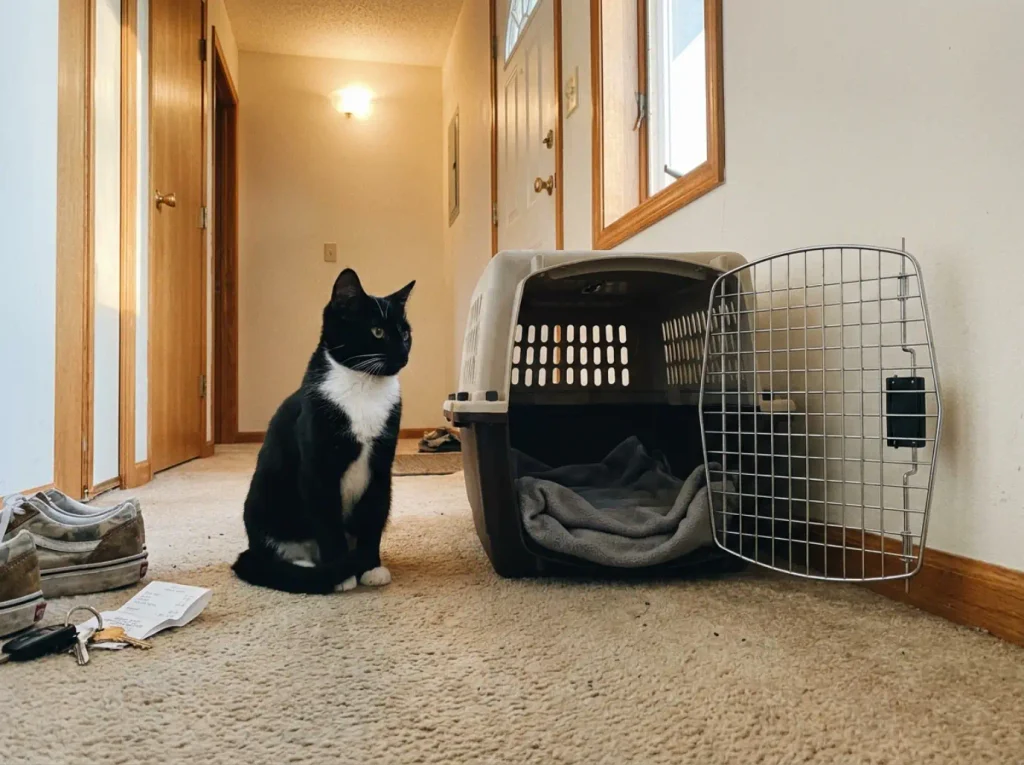 Open cat carrier on a hallway floor with a calm tuxedo cat sitting beside it
