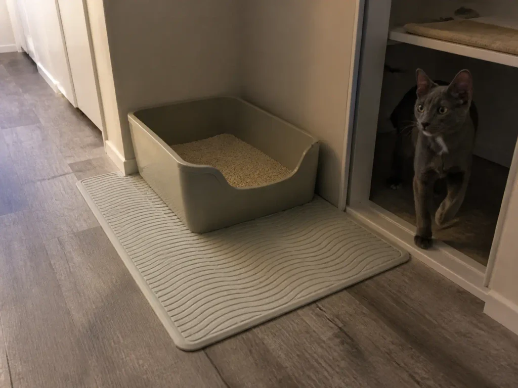 Open litter pan against a hallway wall with a silicone mat wrapped around its two exposed sides