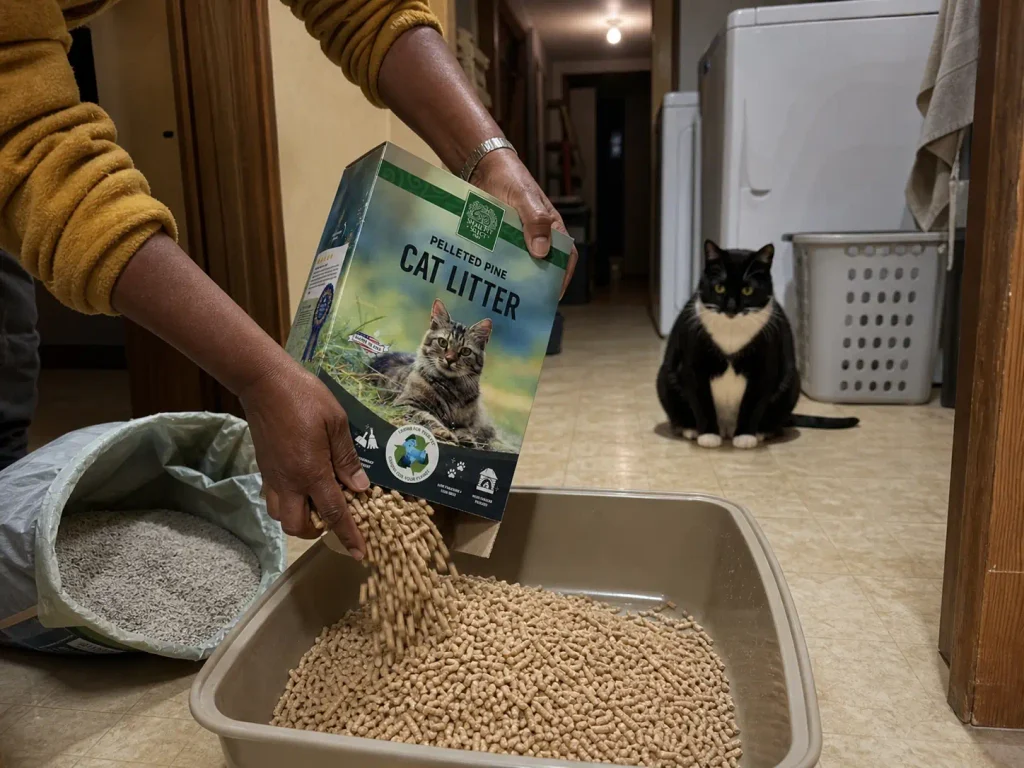 Pine pellet cat litter poured into a tray beside the old fine clay litter bag