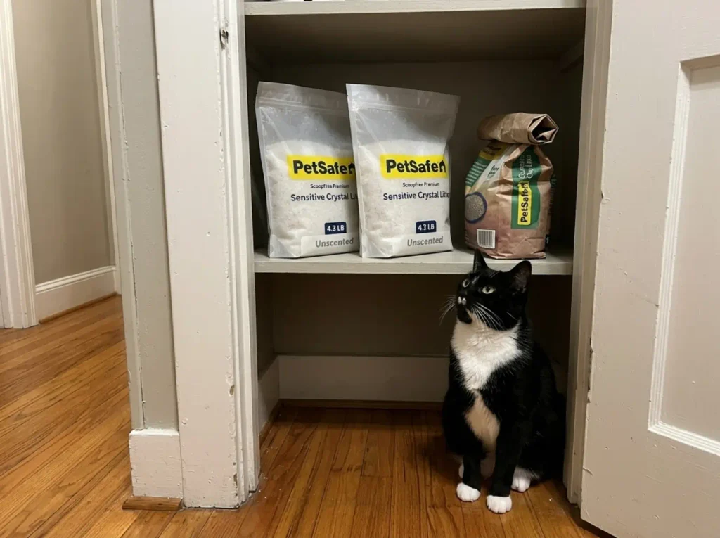 Crystal litter refill packs stacked on a hall closet shelf beside a bag of clumping litter