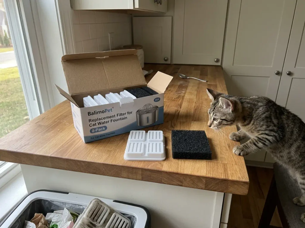 Replacement cat fountain filter pack open on a kitchen counter beside a clean fountain reservoir
