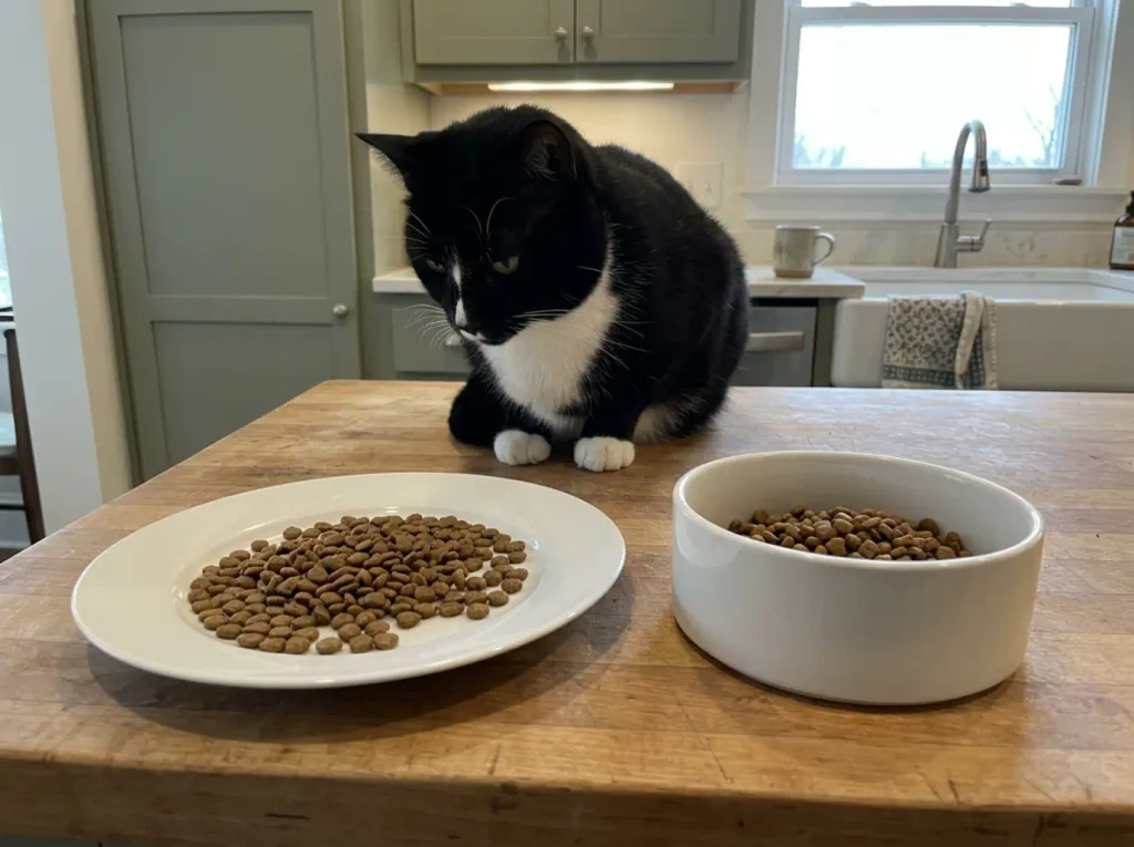 A wide shallow side plate and a narrow deep cat bowl side by side on a kitchen counter