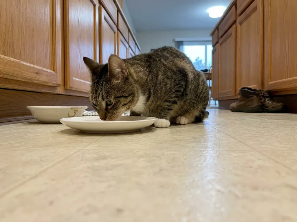 Cat eating from a shallow wide dish with her whiskers clear of the sides
