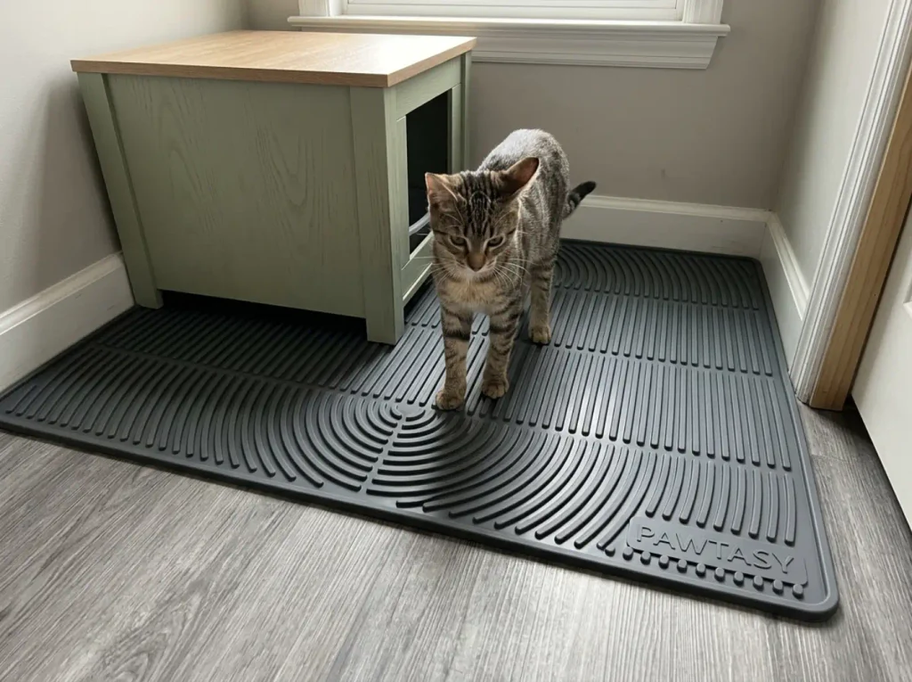 Large silicone litter mat laid out under the whole litter box enclosure footprint, not just the tray