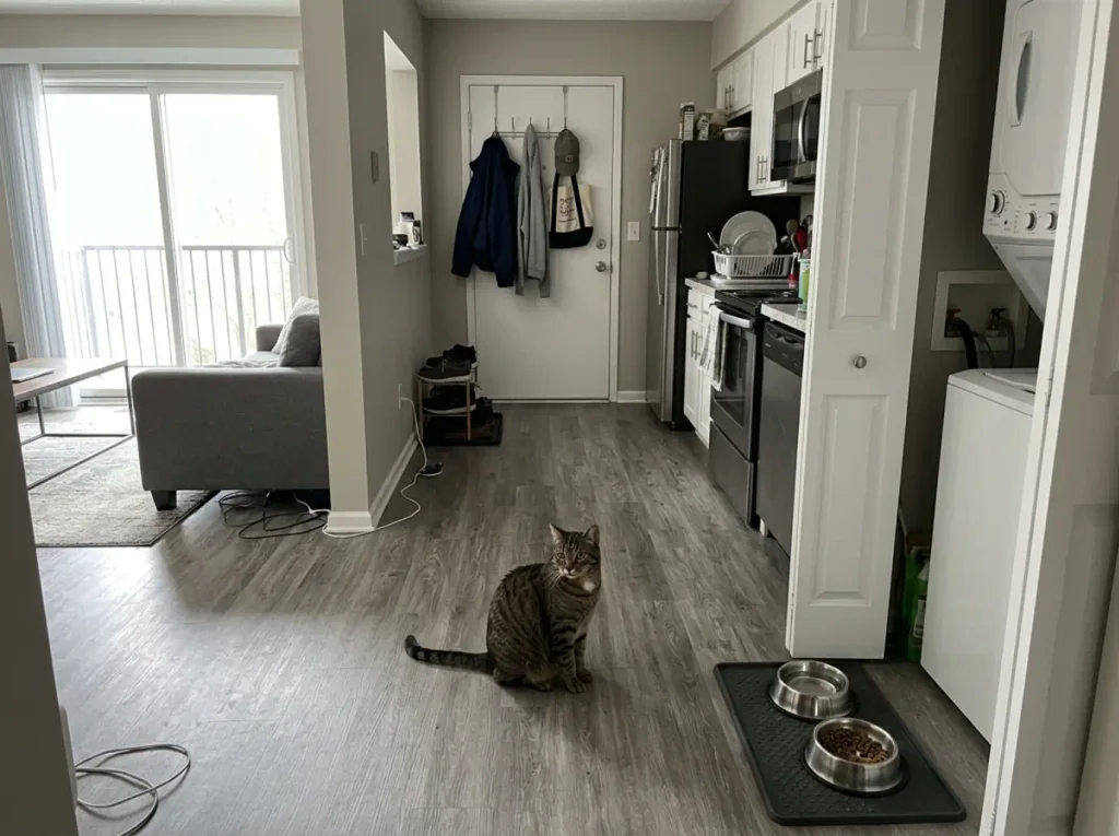 Small apartment open living area showing how close the kitchen, laundry and door corners sit